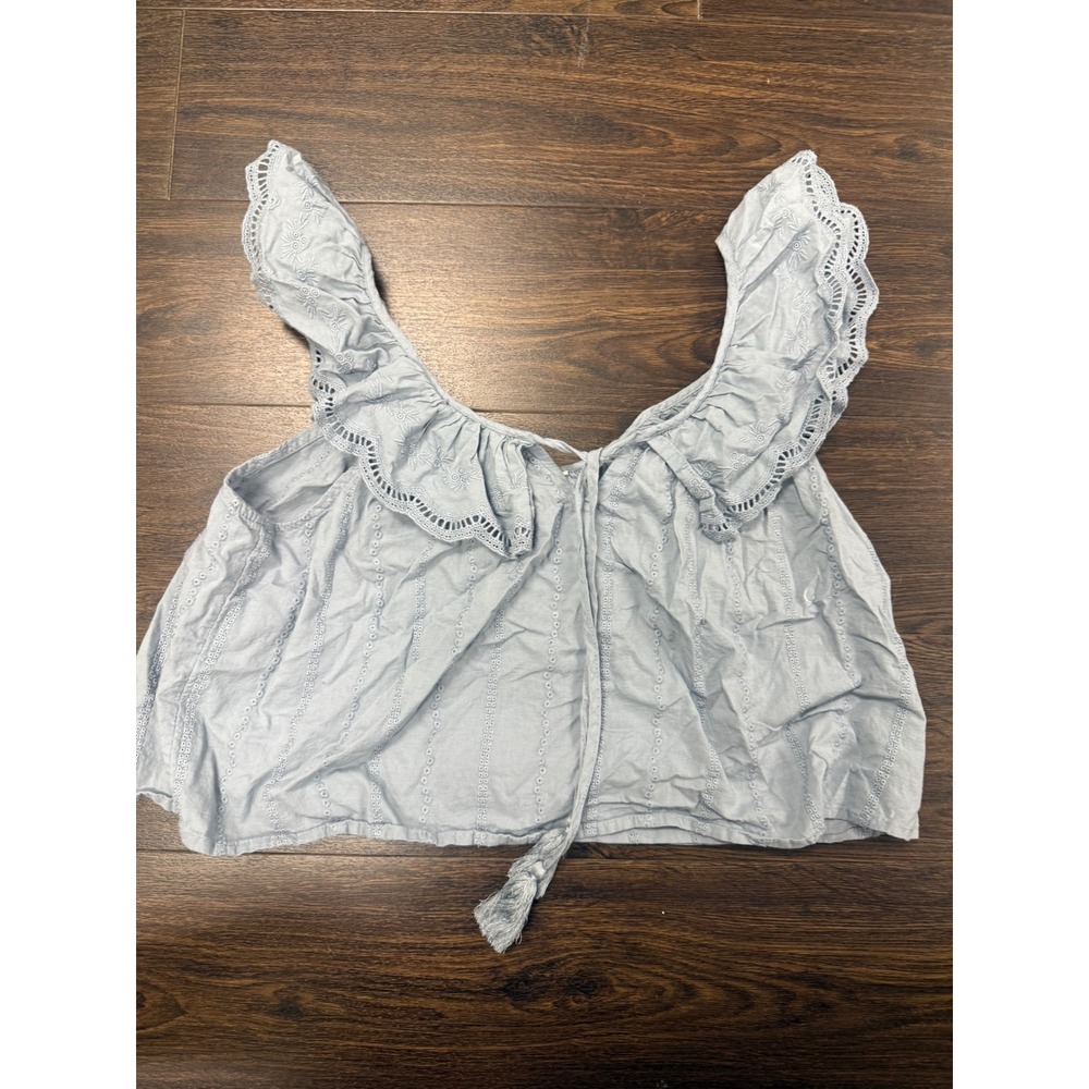 Shabby Chic Light Blue Eyelet Cotton Flutter Sleeve Crop Top | Small / Medium